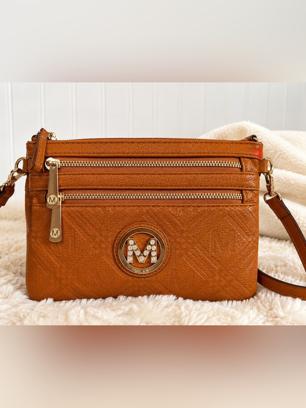 Milani Tan Leather Crossbody Wallet with Gold-Tone Logo